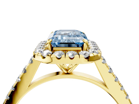 Yellow gold Fancy Blue Emerald Cut Halo Pave Diamond Engagement Ring with Four-Prong Setting_4