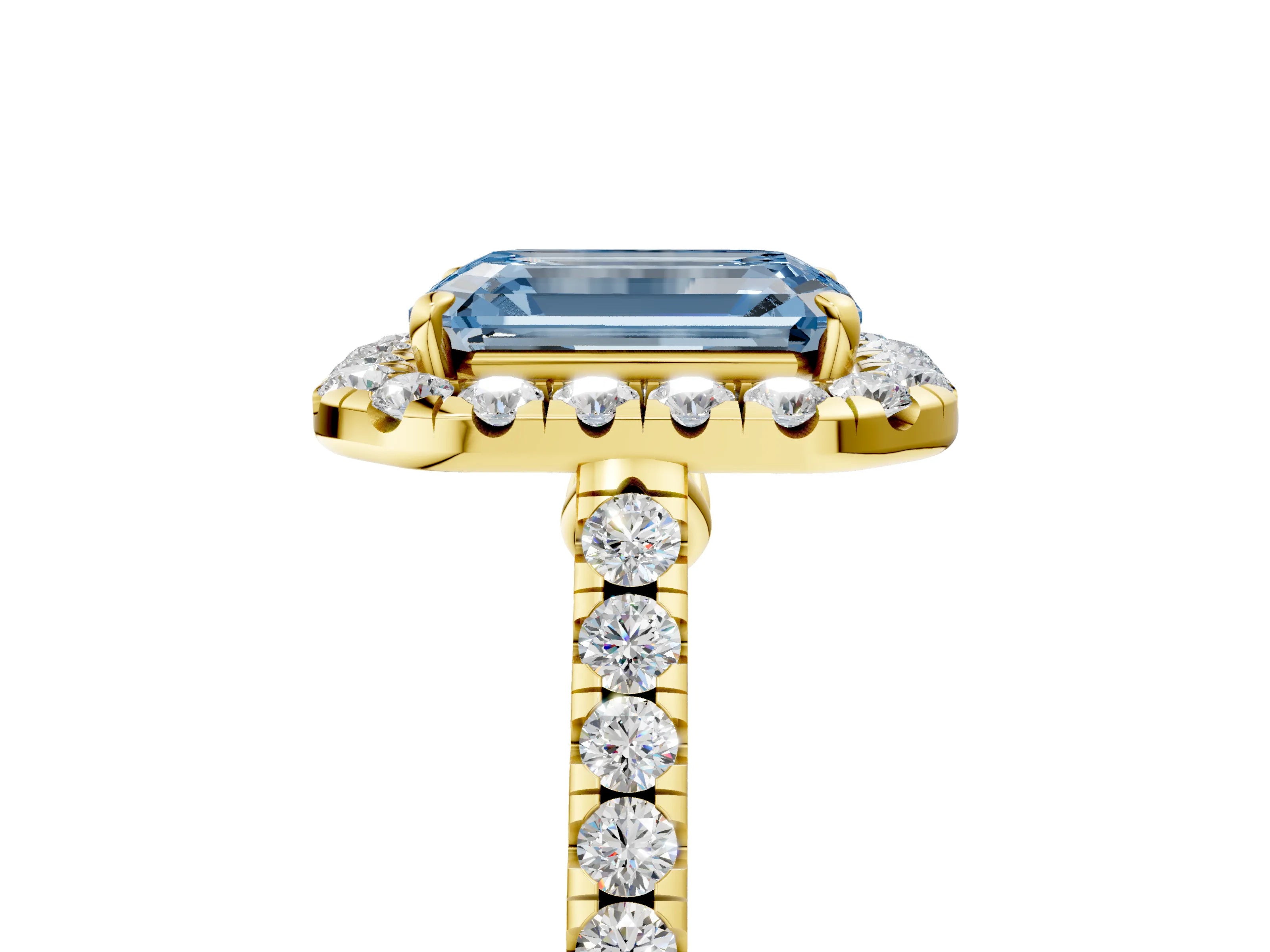 Yellow gold Fancy Blue Emerald Cut Halo Pave Diamond Engagement Ring with Four-Prong Setting_5