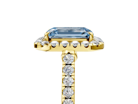 Yellow gold Fancy Blue Emerald Cut Halo Pave Diamond Engagement Ring with Four-Prong Setting_5