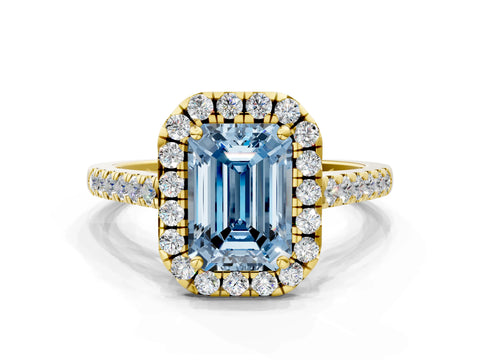 Yellow gold Fancy Blue Emerald Cut Halo Pave Diamond Engagement Ring with Four-Prong Setting