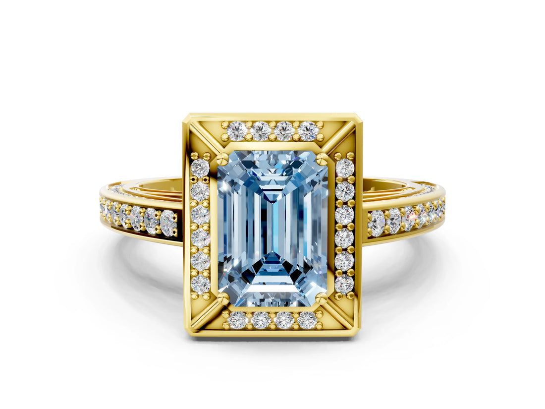 Yellow gold Fancy Blue Emerald  Cut Halo Pave Split Shank Prong Setting Ring_33