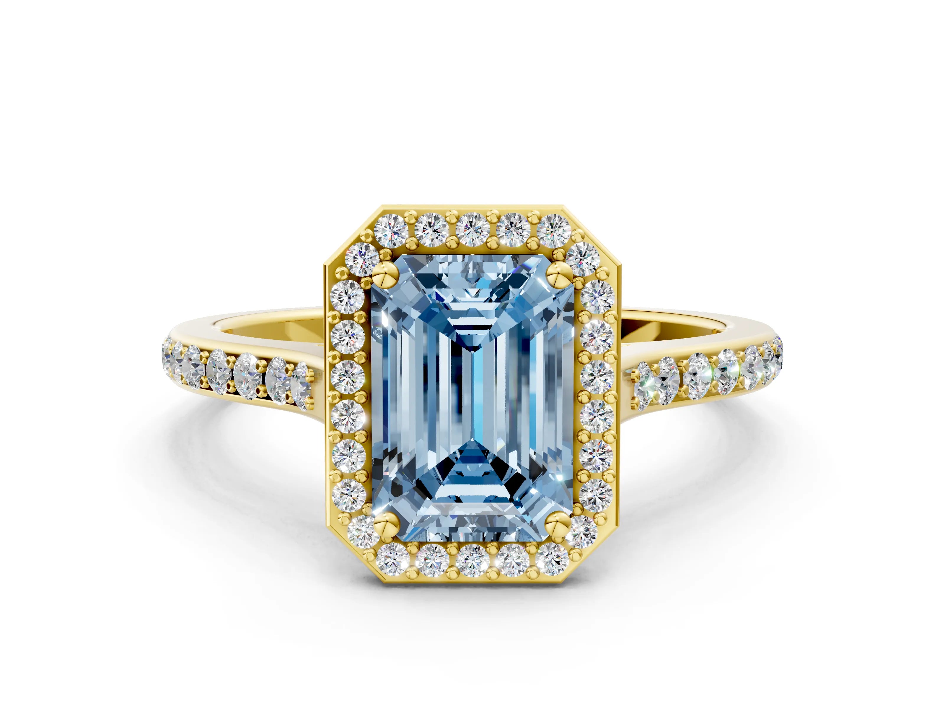 Yellow gold Fancy Blue Emerald Cut Halo Round Diamond Pavé Band with Four-Prong Setting_3