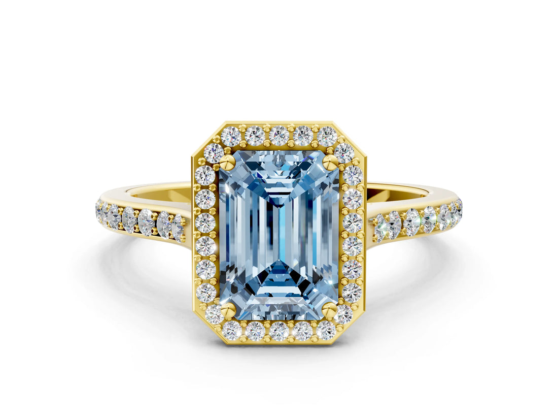 Yellow gold Fancy Blue Emerald Cut Halo Round Diamond Pavé Band with Four-Prong Setting_3