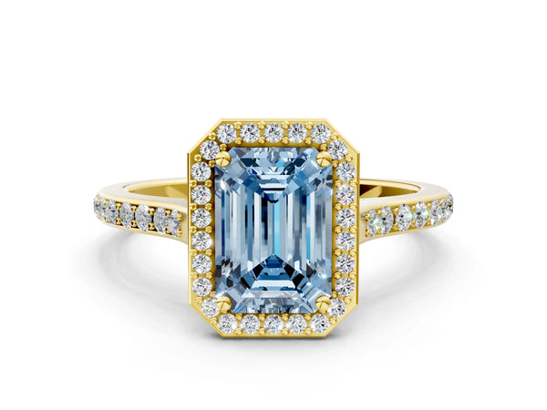 Yellow gold Fancy Blue Emerald Cut Halo Round Diamond Pavé Band with Four-Prong Setting