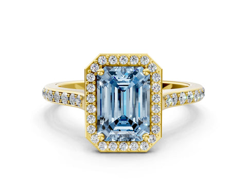 Yellow gold Fancy Blue Emerald Cut Halo Round Diamond Pavé Band with Four-Prong Setting_3