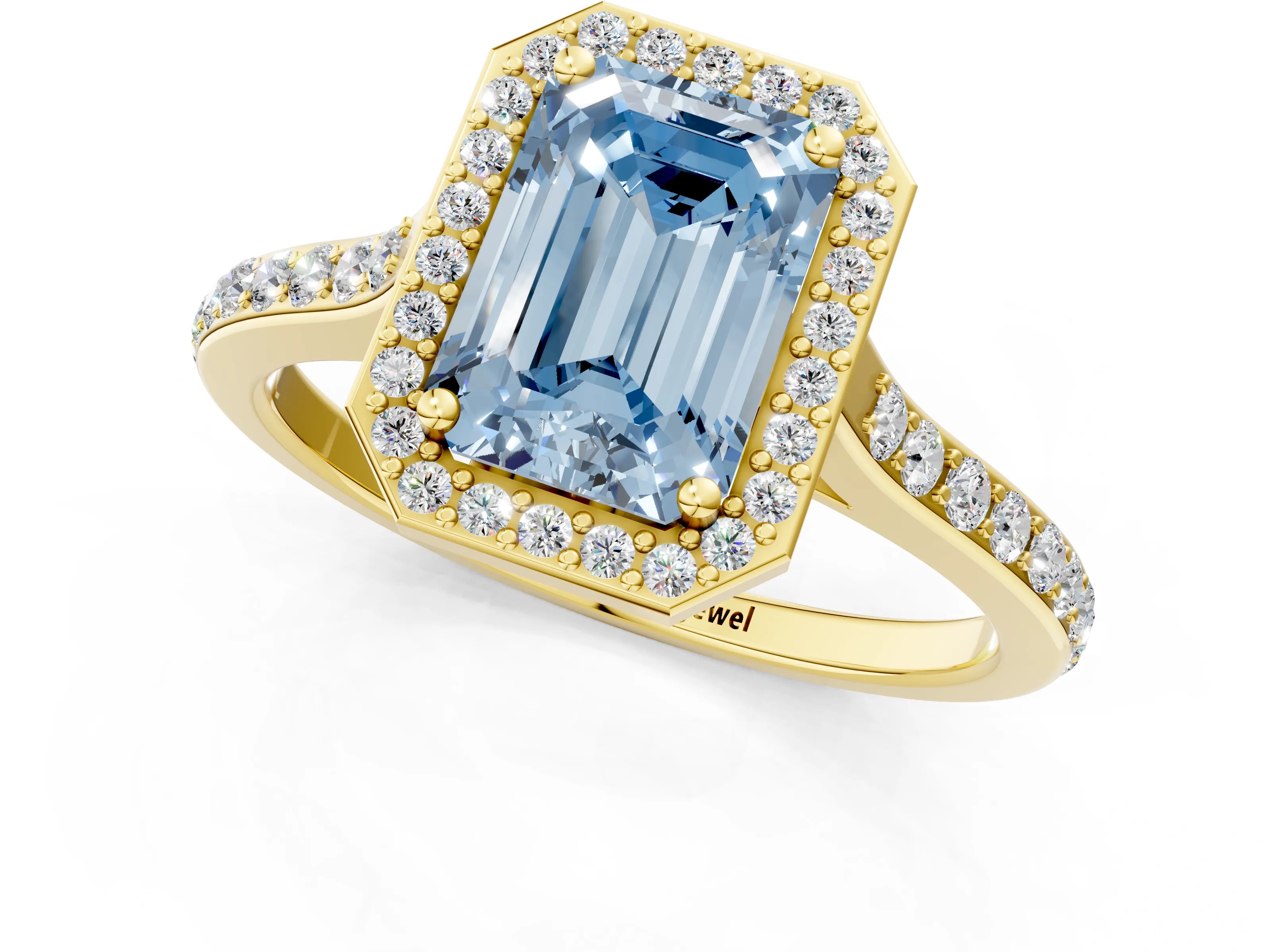 Yellow gold Fancy Blue Emerald Cut Halo Round Diamond Pavé Band with Four-Prong Setting_4