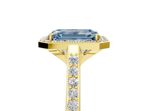 Yellow gold Fancy Blue Emerald Cut Halo Round Diamond Pavé Band with Four-Prong Setting_8