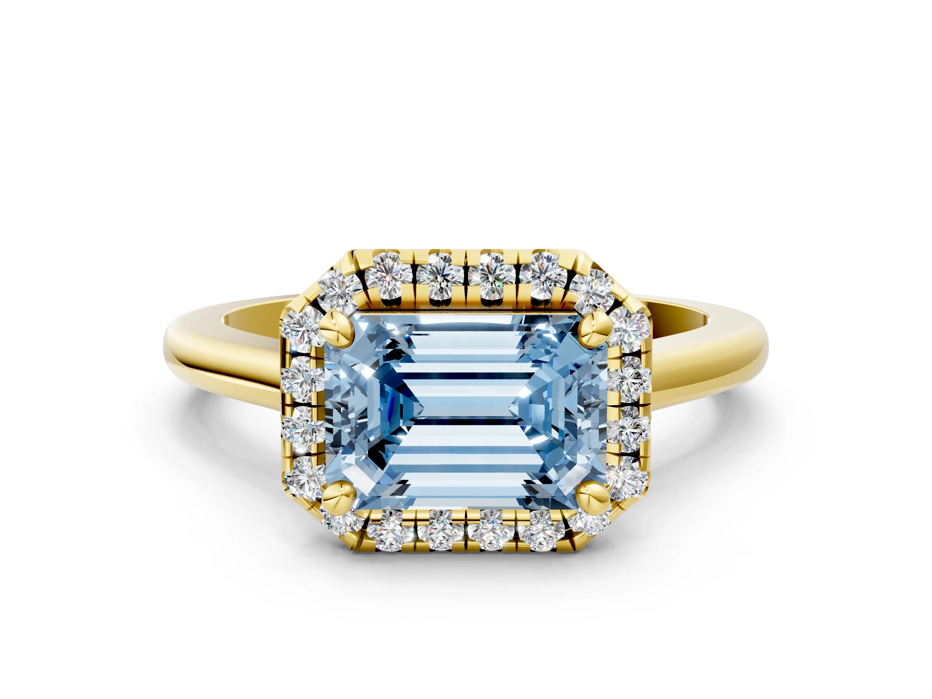 Yellow gold Fancy Blue Emerald Cut Halo Round Diamond Solitaire Engagement Ring with Pave Band and Four-Prong Setting_12