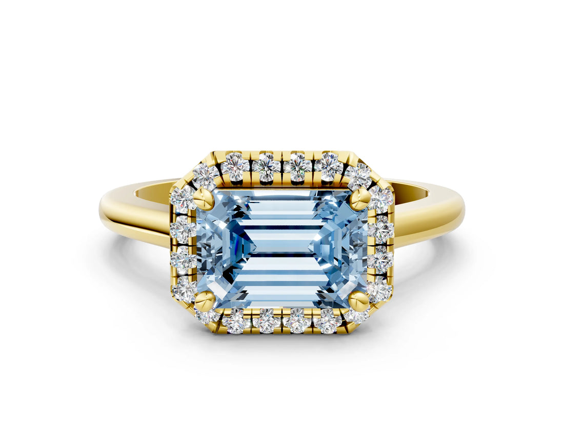 Yellow gold Fancy Blue Emerald Cut Halo Round Diamond Solitaire Engagement Ring with Pave Band and Four-Prong Setting_12
