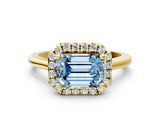 Yellow gold Fancy Blue Emerald Cut Halo Round Diamond Solitaire Engagement Ring with Pave Band and Four-Prong Setting_12