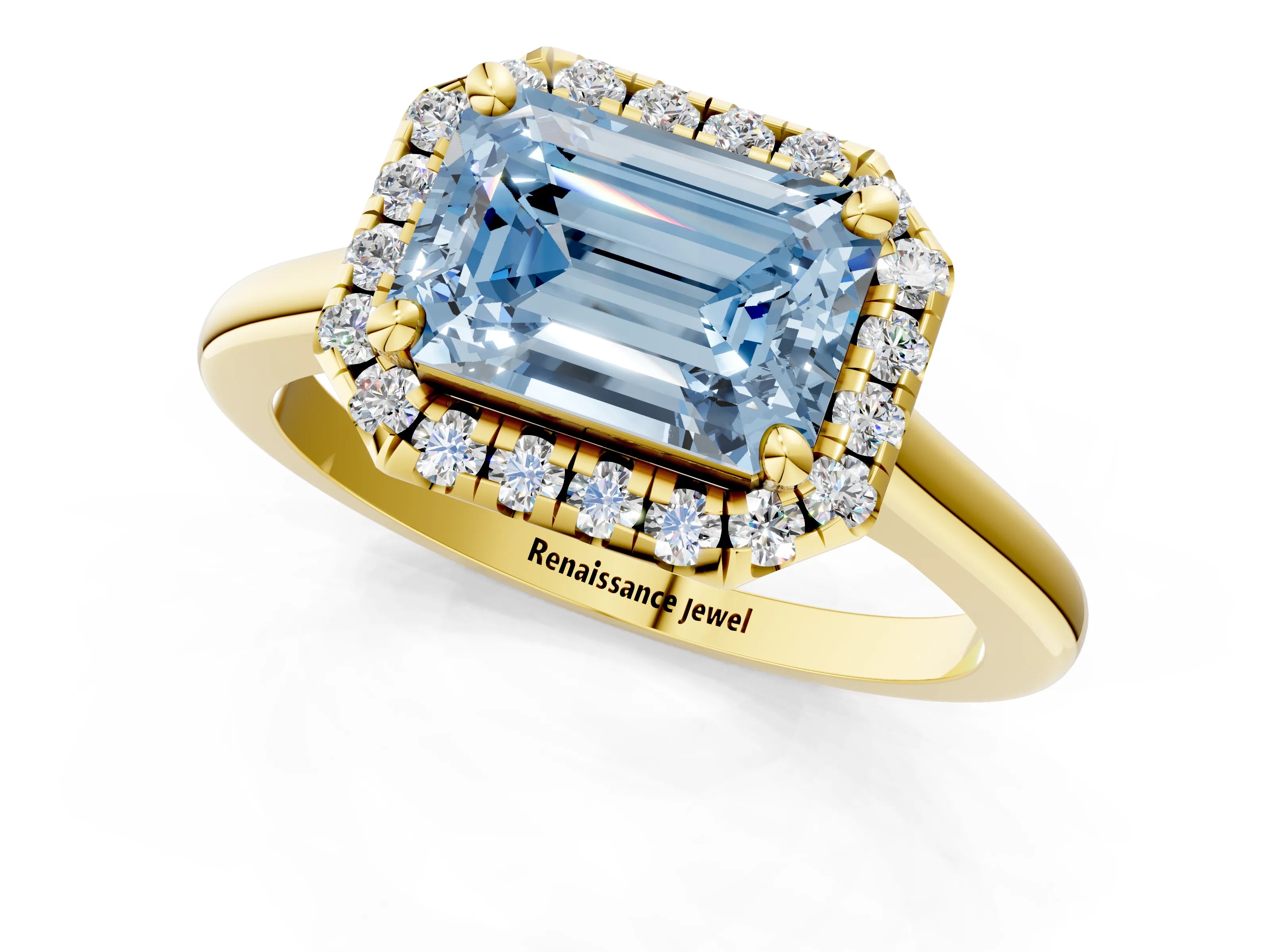 Yellow gold Fancy Blue Emerald Cut Halo Round Diamond Solitaire Engagement Ring with Pave Band and Four-Prong Setting_13