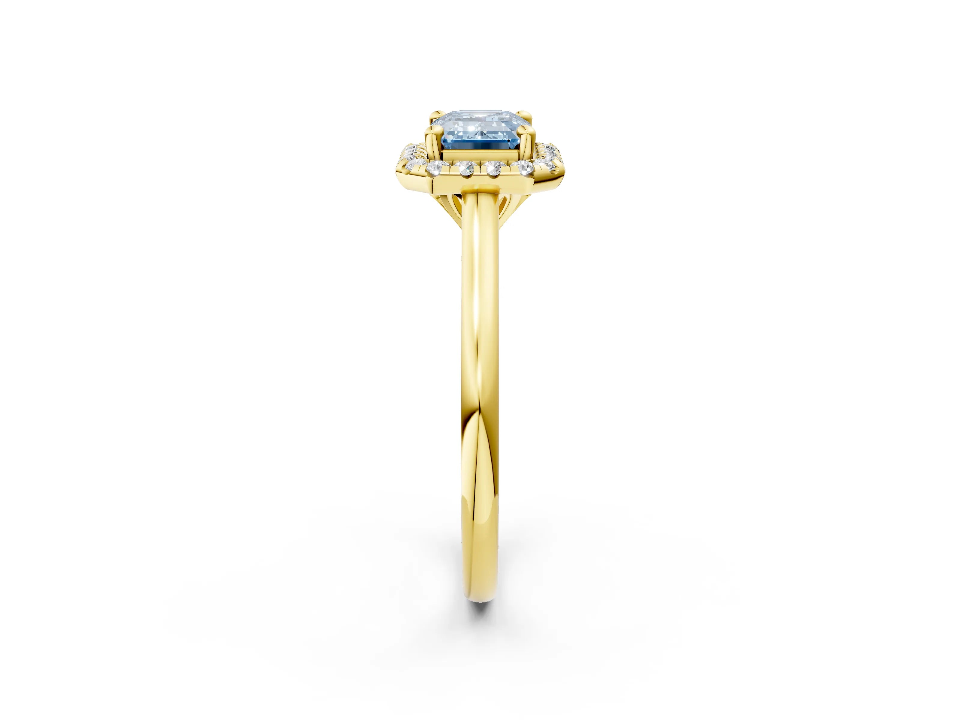 Yellow gold Fancy Blue Emerald Cut Halo Round Diamond Solitaire Engagement Ring with Pave Band and Four-Prong Setting_14