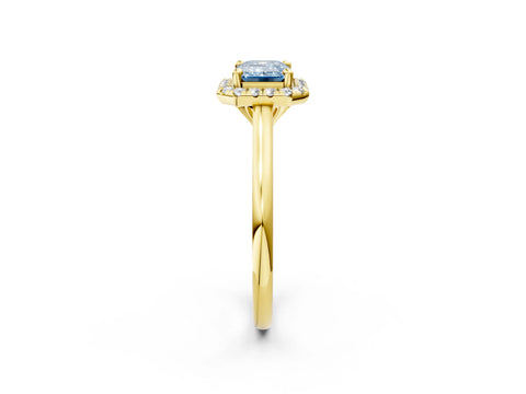 Yellow gold Fancy Blue Emerald Cut Halo Round Diamond Solitaire Engagement Ring with Pave Band and Four-Prong Setting_14