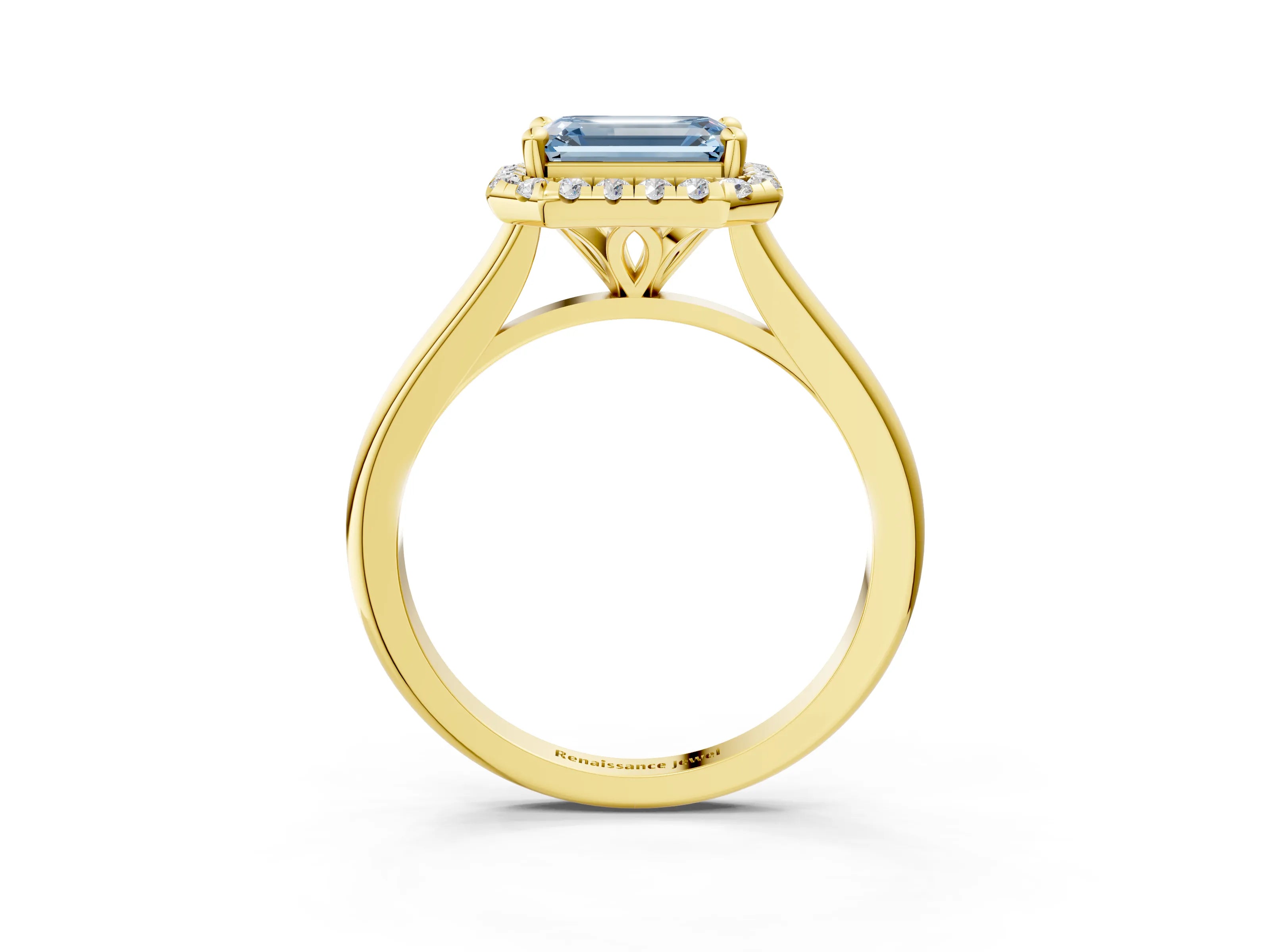 Yellow gold Fancy Blue Emerald Cut Halo Round Diamond Solitaire Engagement Ring with Pave Band and Four-Prong Setting_15