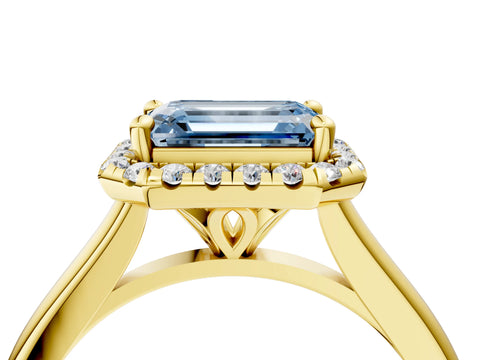 Yellow gold Fancy Blue Emerald Cut Halo Round Diamond Solitaire Engagement Ring with Pave Band and Four-Prong Setting_16