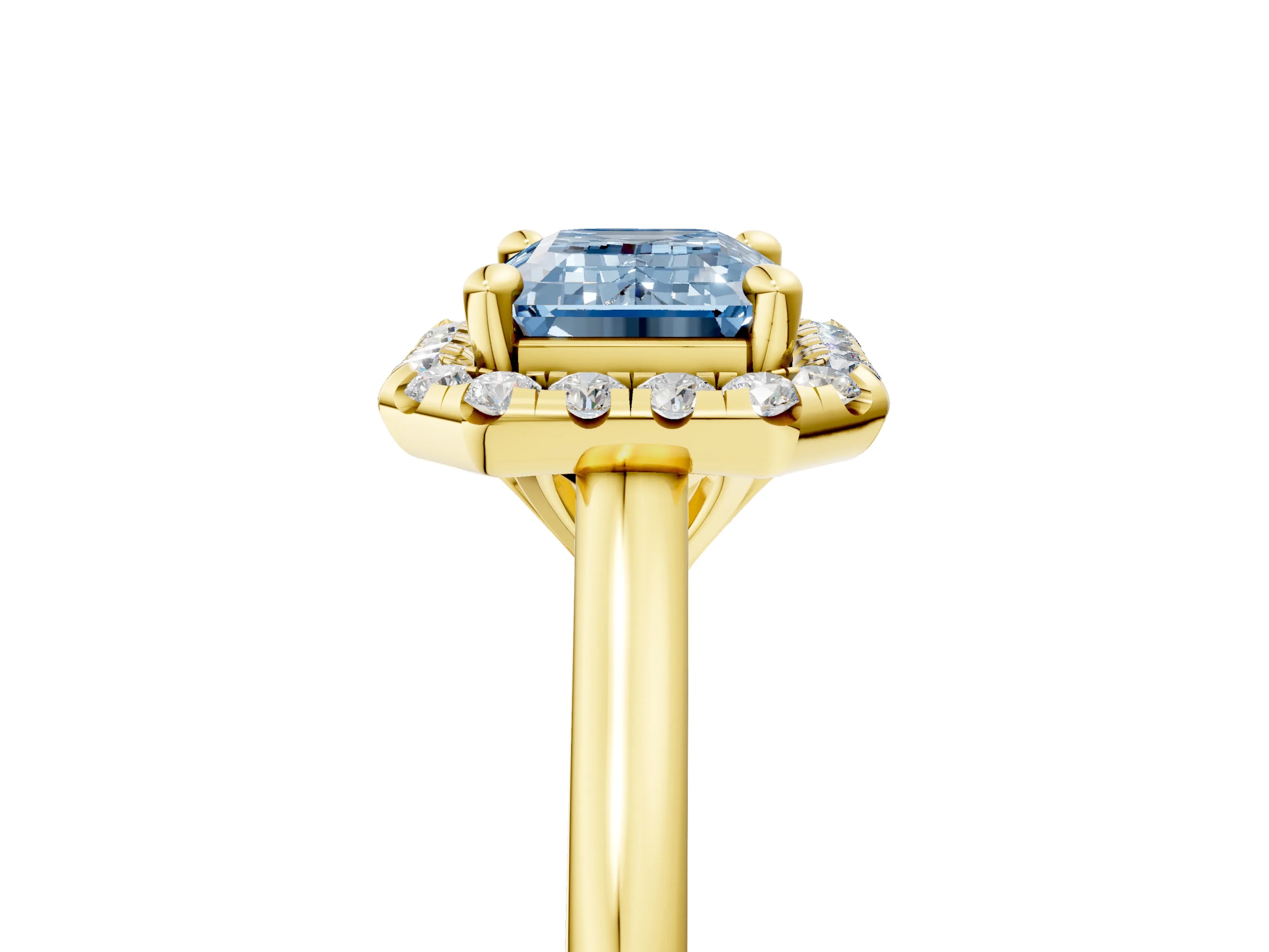 Yellow gold Fancy Blue Emerald Cut Halo Round Diamond Solitaire Engagement Ring with Pave Band and Four-Prong Setting_17