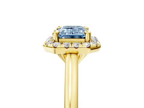 Yellow gold Fancy Blue Emerald Cut Halo Round Diamond Solitaire Engagement Ring with Pave Band and Four-Prong Setting_17