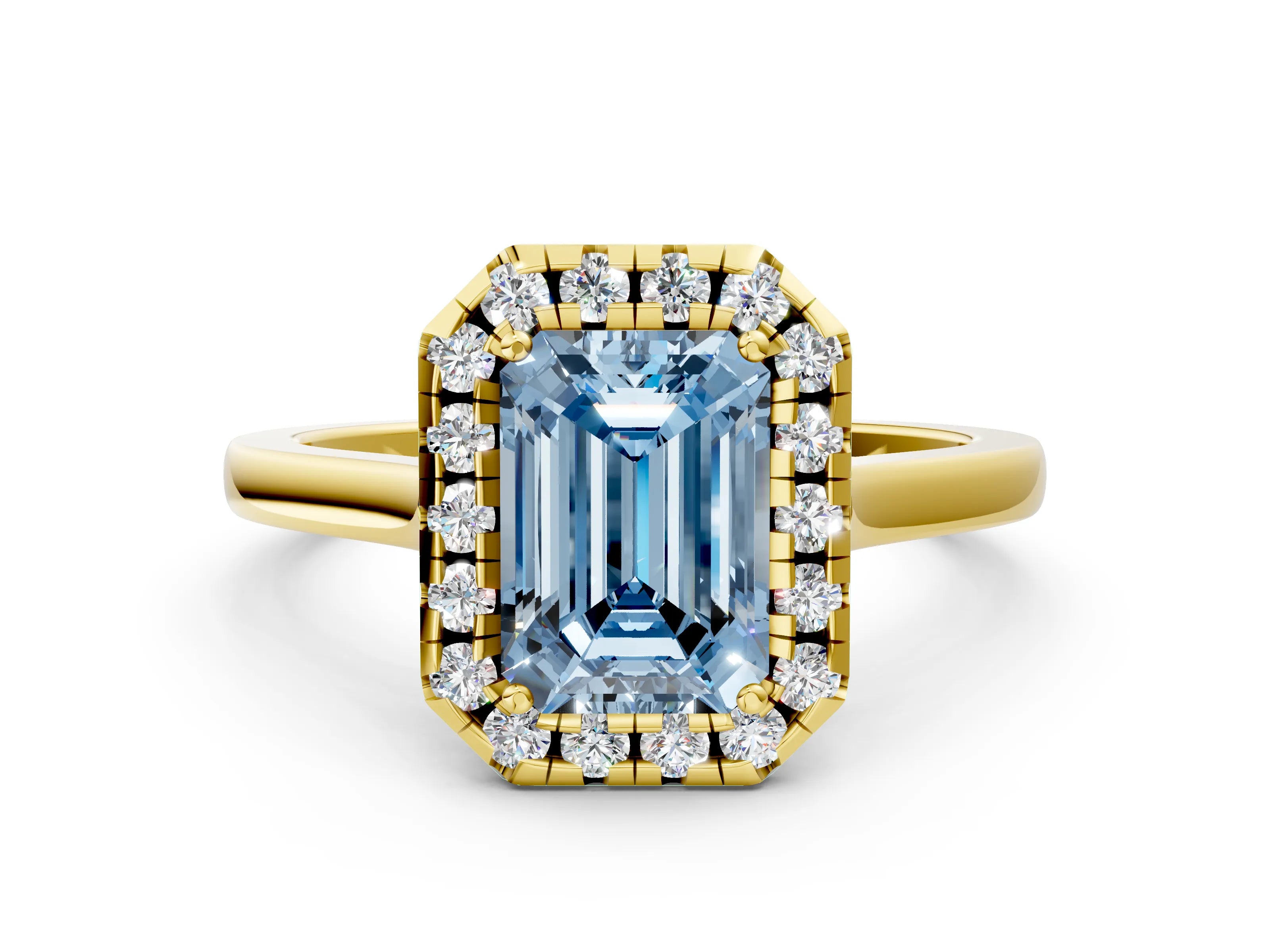 Yellow gold Fancy Blue Emerald Cut Halo Round Diamond Solitaire Ring with Pavé Band and Four-Prong Setting