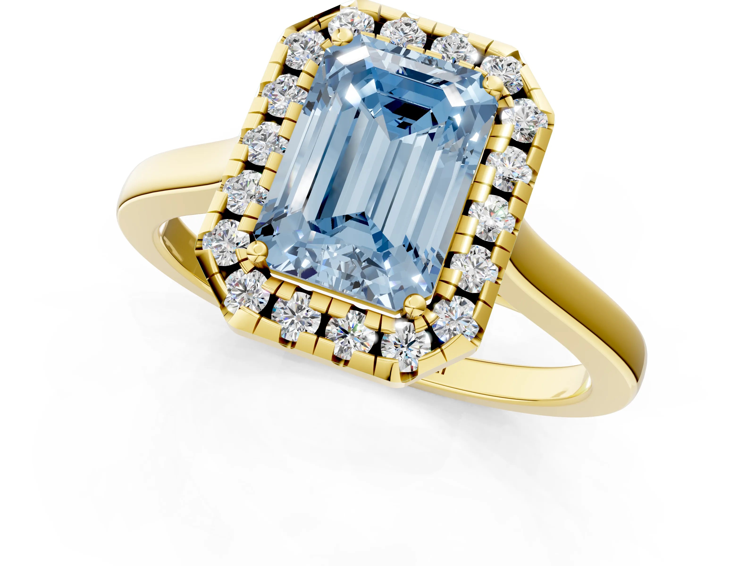 Yellow gold Fancy Blue Emerald Cut Halo Round Diamond Solitaire Ring with Pavé Band and Four-Prong Setting_1