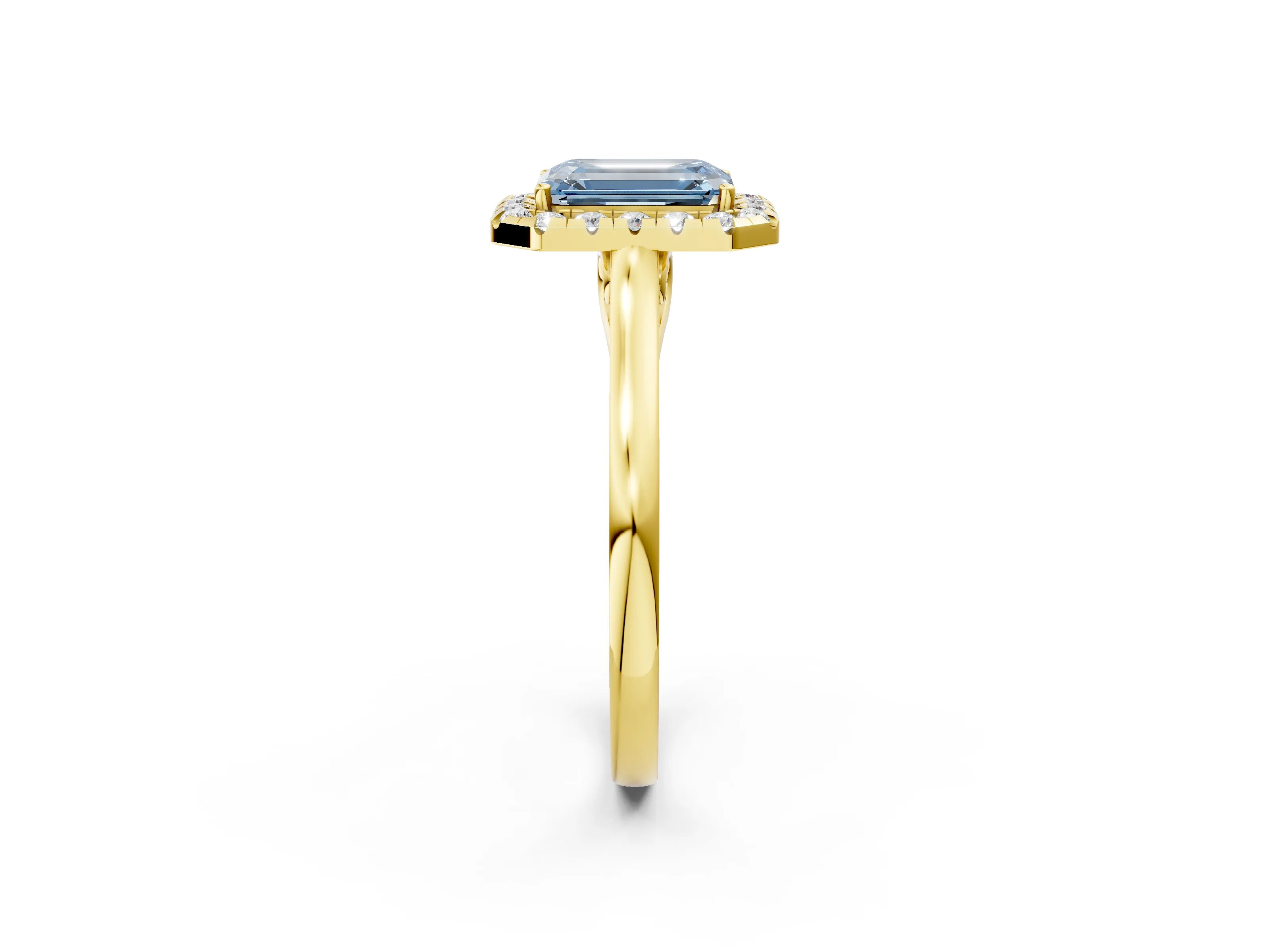 Yellow gold Fancy Blue Emerald Cut Halo Round Diamond Solitaire Ring with Pavé Band and Four-Prong Setting_2
