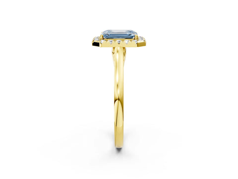 Yellow gold Fancy Blue Emerald Cut Halo Round Diamond Solitaire Ring with Pavé Band and Four-Prong Setting_2