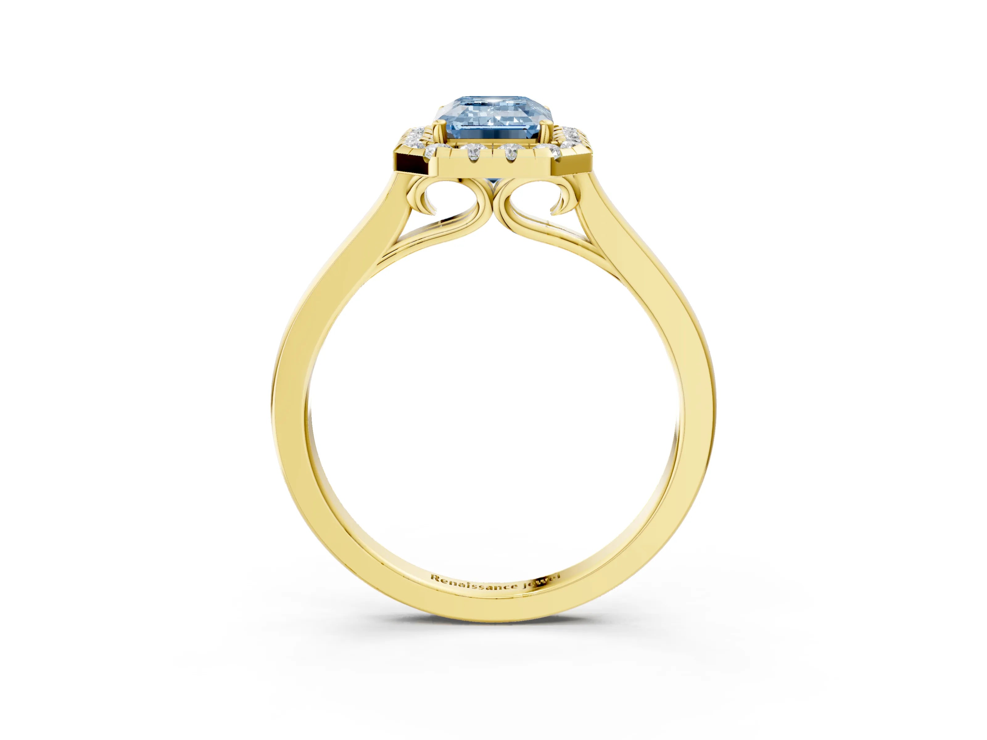 Yellow gold Fancy Blue Emerald Cut Halo Round Diamond Solitaire Ring with Pavé Band and Four-Prong Setting_3