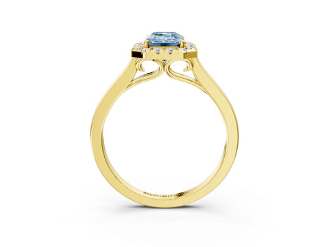 Yellow gold Fancy Blue Emerald Cut Halo Round Diamond Solitaire Ring with Pavé Band and Four-Prong Setting_3