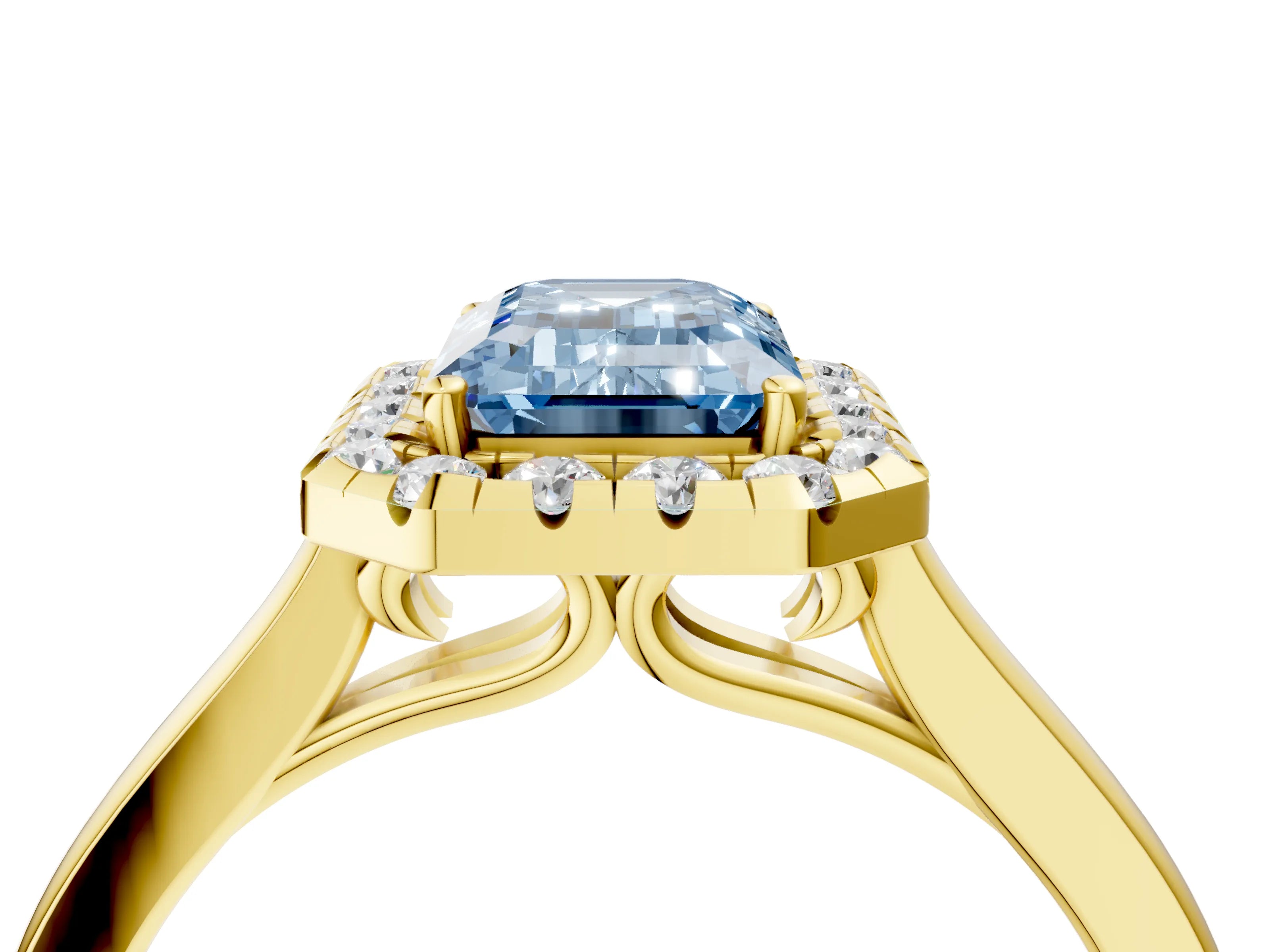 Yellow gold Fancy Blue Emerald Cut Halo Round Diamond Solitaire Ring with Pavé Band and Four-Prong Setting_4