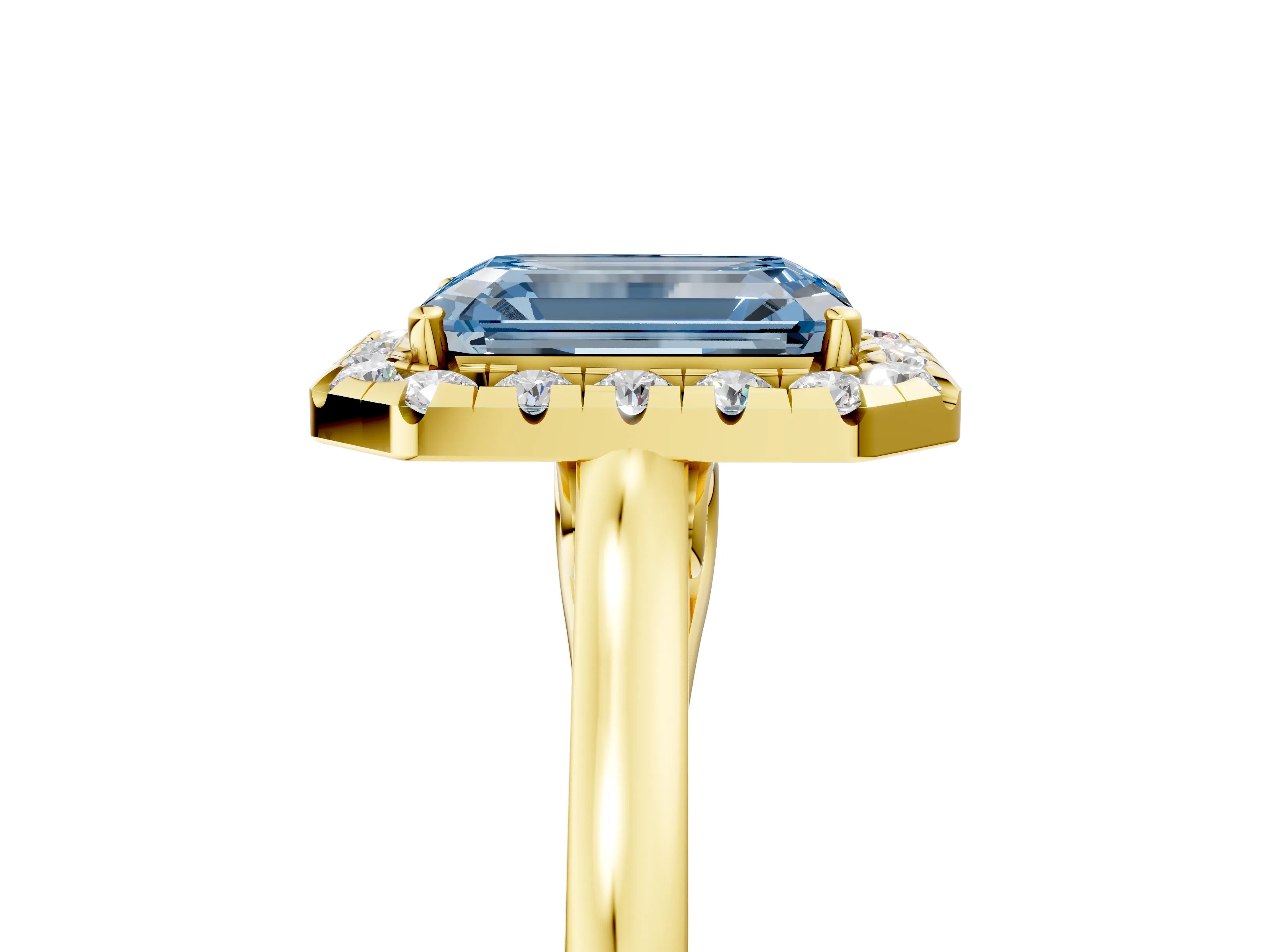 Yellow gold Fancy Blue Emerald Cut Halo Round Diamond Solitaire Ring with Pavé Band and Four-Prong Setting_5