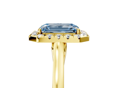 Yellow gold Fancy Blue Emerald Cut Halo Round Diamond Solitaire Ring with Pavé Band and Four-Prong Setting_5