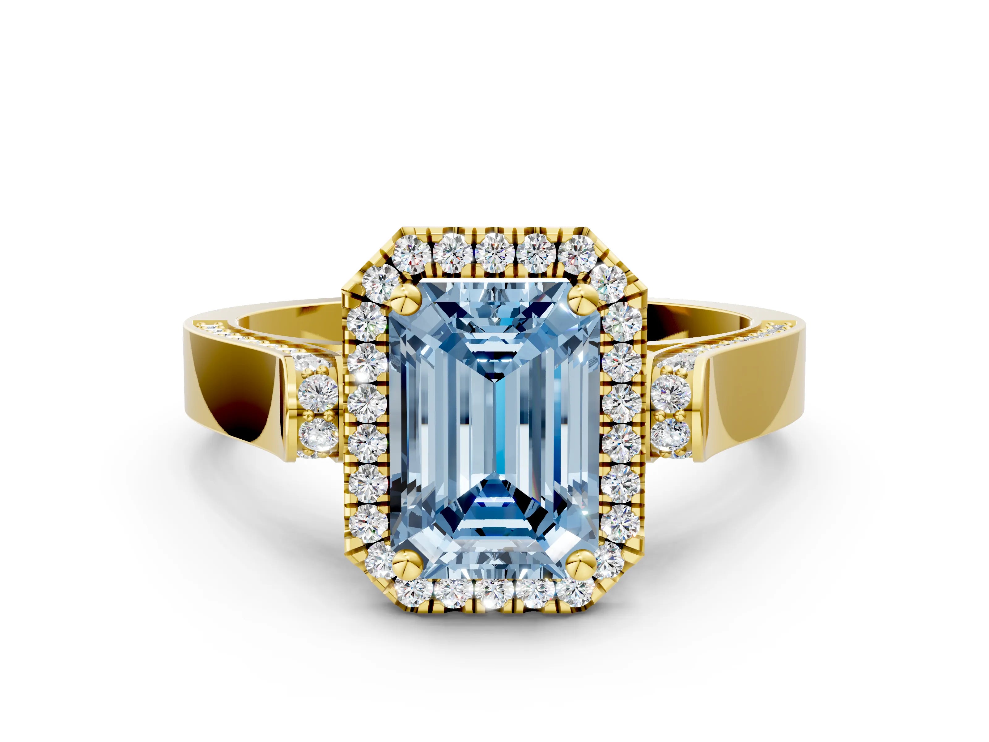 Yellow gold Fancy Blue Emerald Cut Halo Round Diamond Twist Band with Four-Prong Setting
