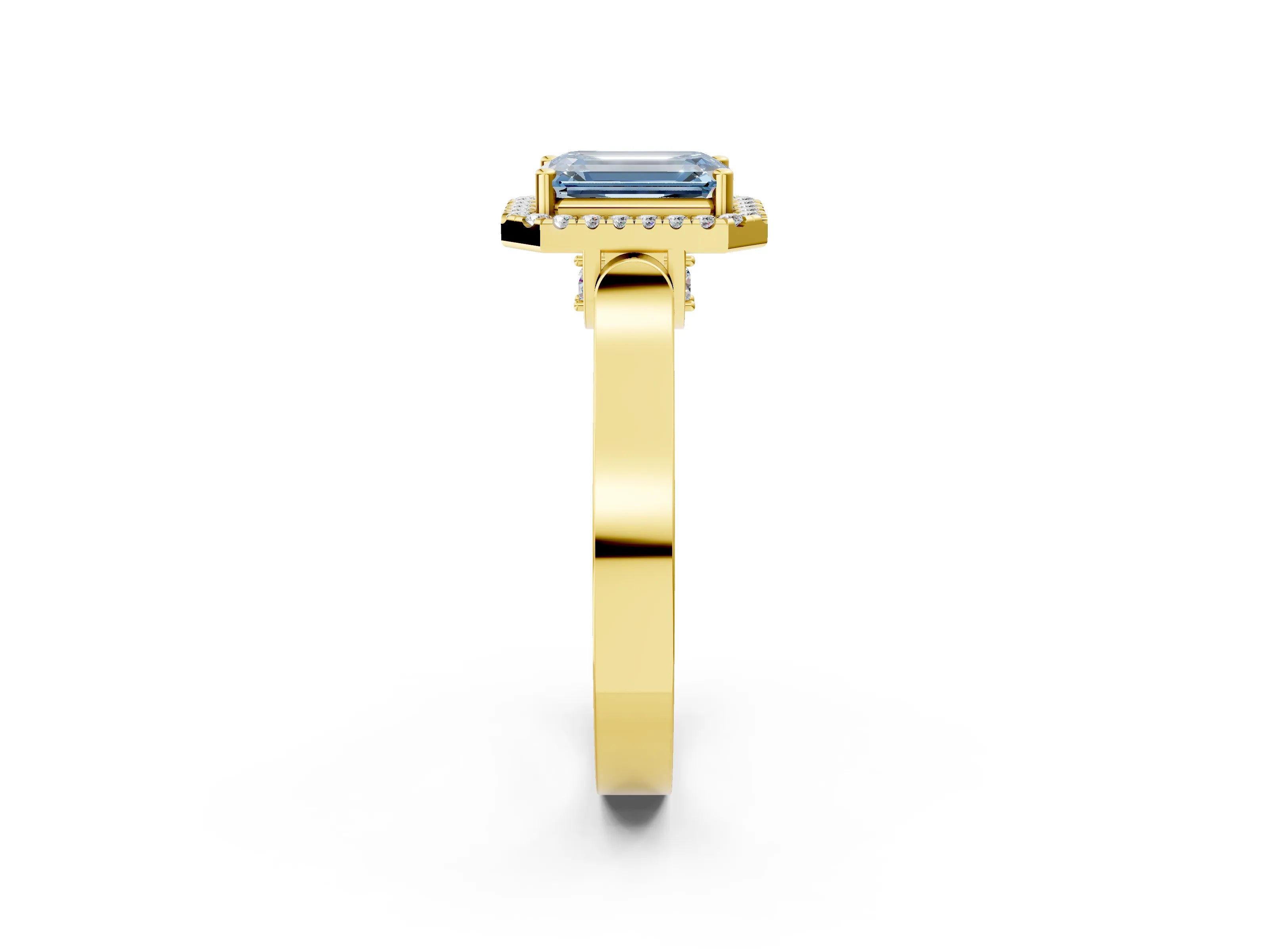 Yellow gold Fancy Blue Emerald Cut Halo Round Diamond Twist Band with Four-Prong Setting_2