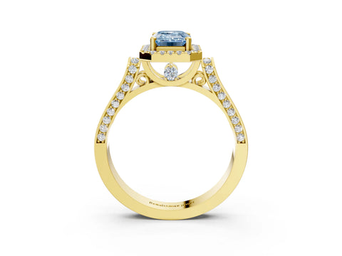 Yellow gold Fancy Blue Emerald Cut Halo Round Diamond Twist Band with Four-Prong Setting_3