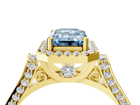 Yellow gold Fancy Blue Emerald Cut Halo Round Diamond Twist Band with Four-Prong Setting_4