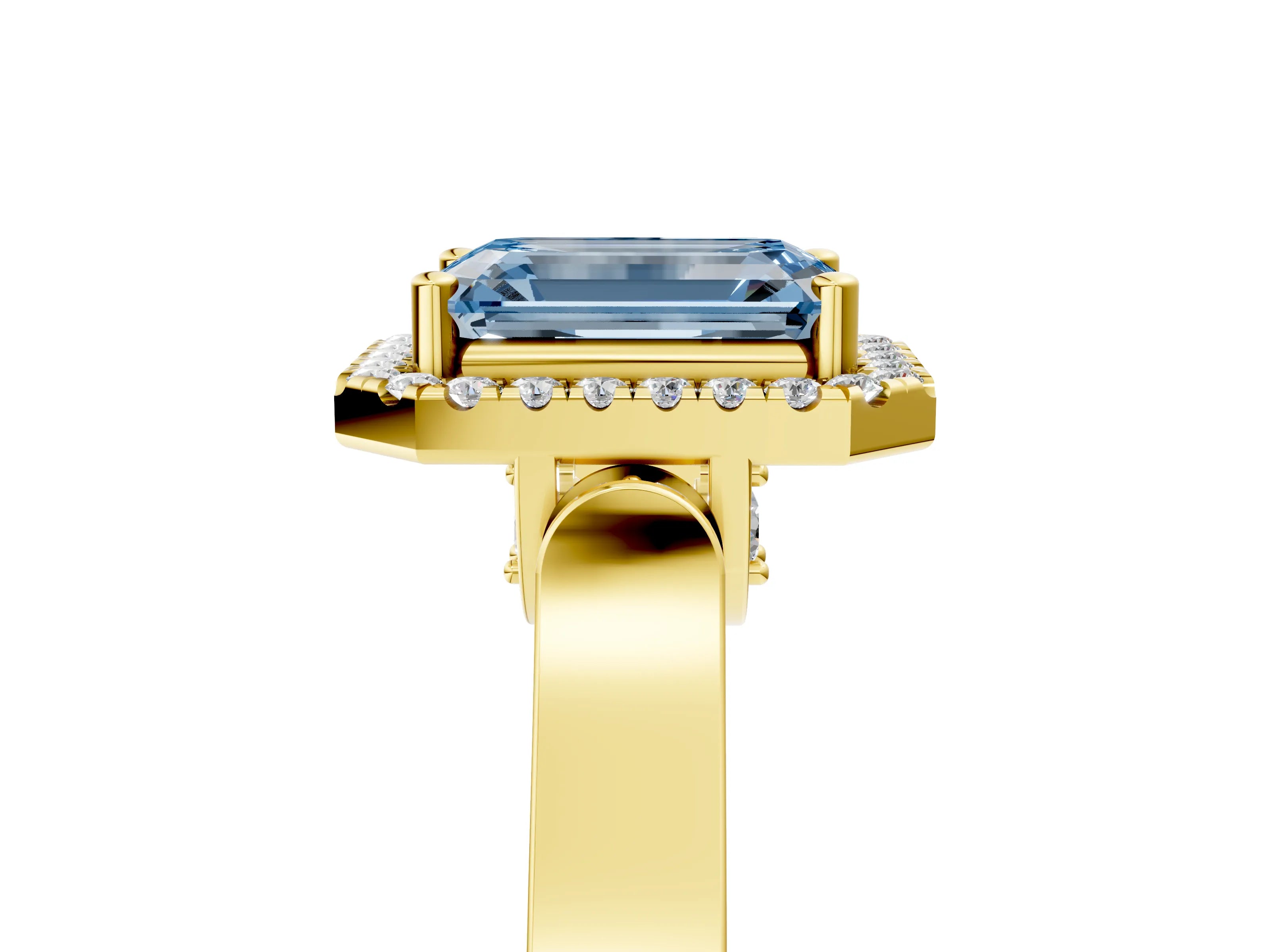 Yellow gold Fancy Blue Emerald Cut Halo Round Diamond Twist Band with Four-Prong Setting_5