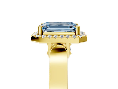 Yellow gold Fancy Blue Emerald Cut Halo Round Diamond Twist Band with Four-Prong Setting_5
