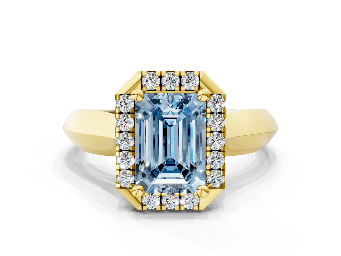 Yellow gold Fancy Blue Emerald  Cut Halo Solitaire Engagement Ring with Square Band and Four-Prong Setting_89