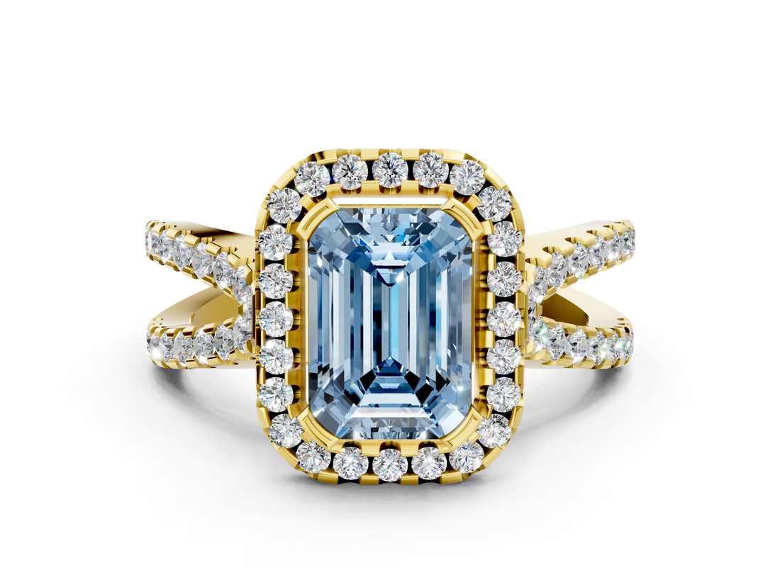 Yellow gold Fancy Blue Emerald  Cut Halo Split Shank Pave Set Ring_62