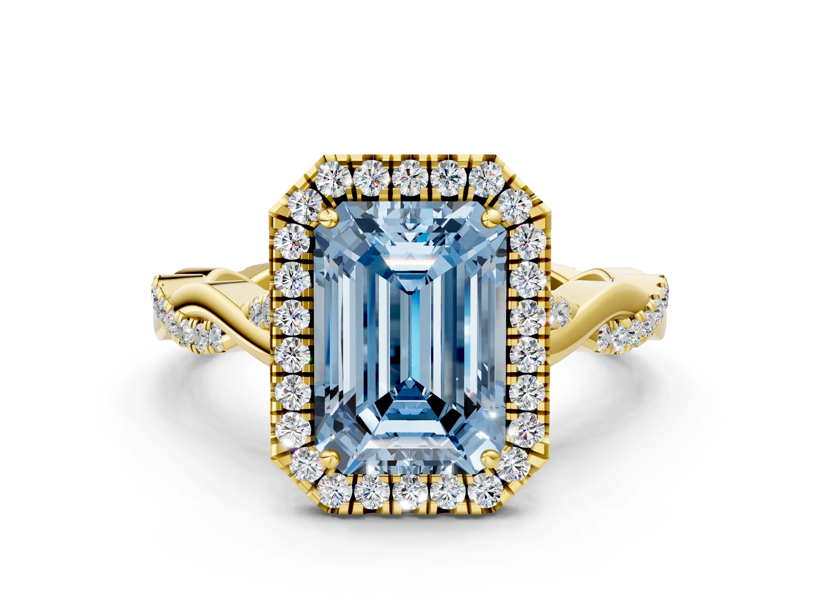 Yellow gold Fancy Blue Emerald Cut Halo Twist Band with Four-Prong Setting