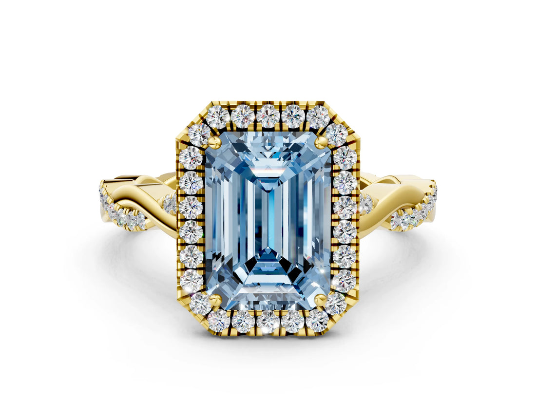 Yellow gold Fancy Blue Emerald Cut Halo Twist Band with Four-Prong Setting_12
