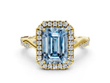 Yellow gold Fancy Blue Emerald Cut Halo Twist Band with Four-Prong Setting_12