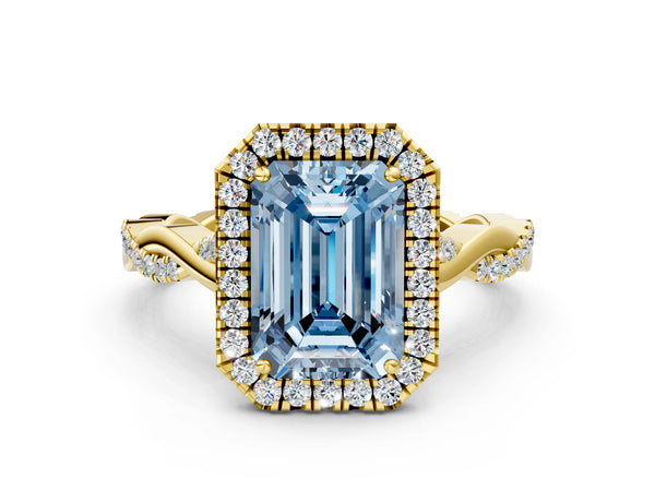 Yellow Gold Emerald Cut Interwoven Twist Halo Engagement Ring Setting for Fancy Blue Center