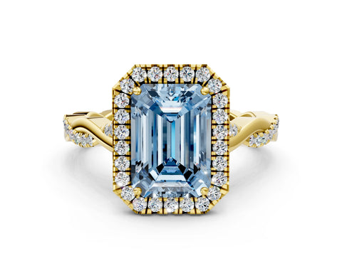 Yellow gold Fancy Blue Emerald Cut Halo Twist Band with Four-Prong Setting_12