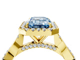 Yellow gold Fancy Blue Emerald Cut Halo Twist Band with Four-Prong Setting_16