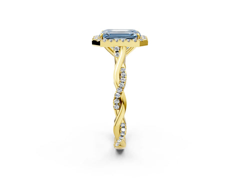 Yellow gold Fancy Blue Emerald Cut Halo Twist Band with Four-Prong Setting_2