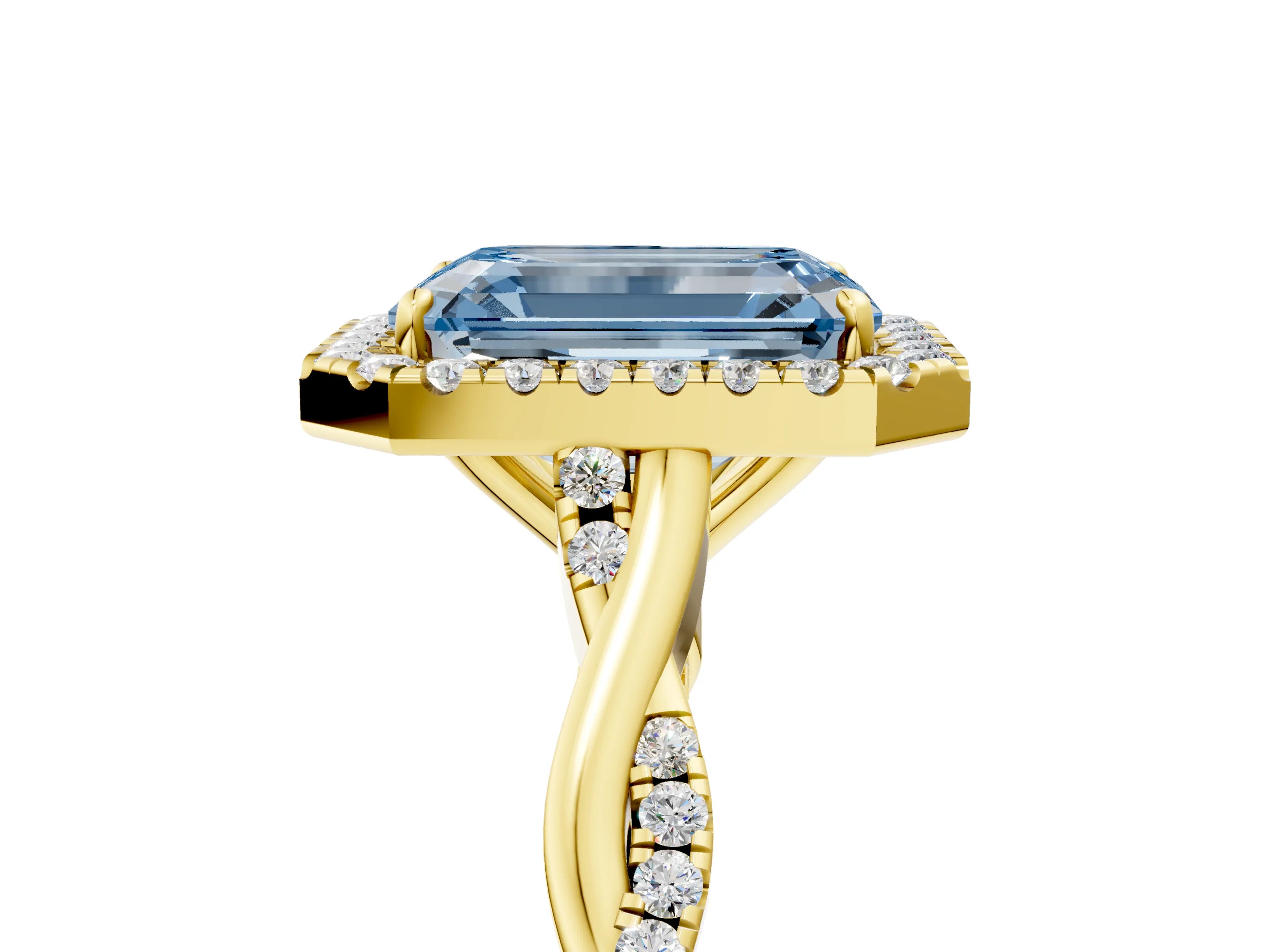 Yellow gold Fancy Blue Emerald Cut Halo Twist Band with Four-Prong Setting_5