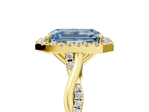 Yellow gold Fancy Blue Emerald Cut Halo Twist Band with Four-Prong Setting_5