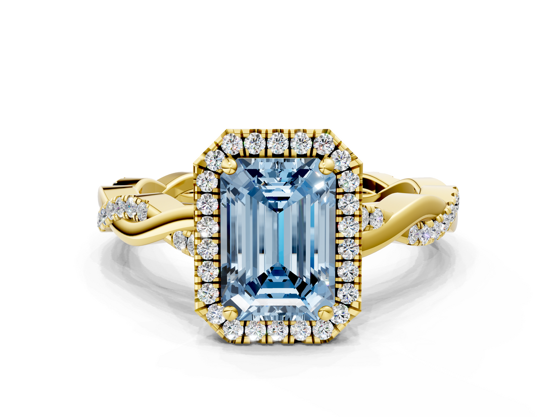 Yellow gold Fancy Blue Emerald  Cut Halo Twisted Band Four-Prong Ring_20