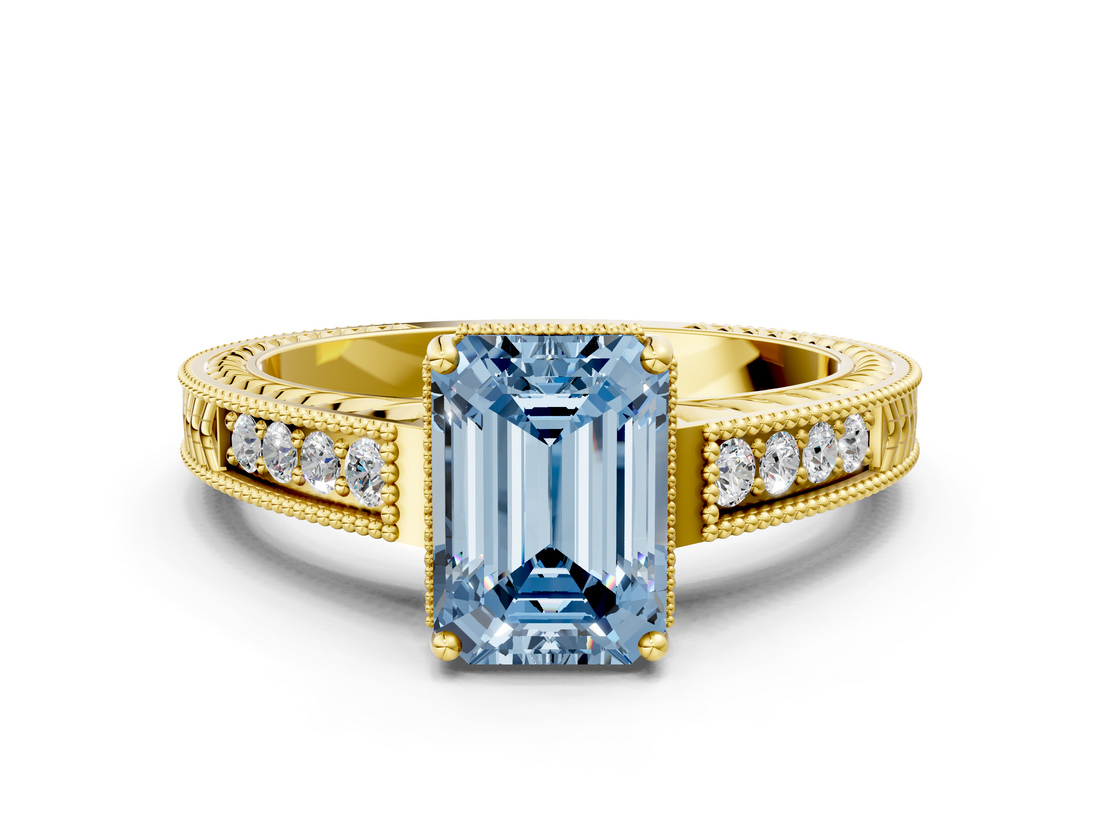 Yellow gold Fancy Blue Emerald  Cut Milgrain Channel Set Engagement Ring with Solitaire Prong Setting_49