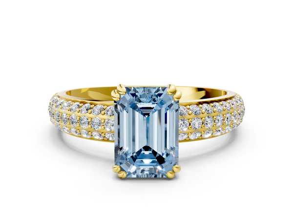Yellow gold Fancy Blue Emerald  Cut Pave Diamond Engagement Ring with Channel Set Band and Four-Prong Setting